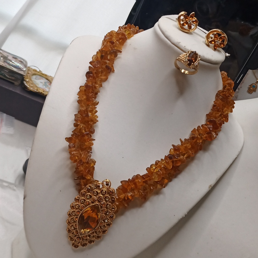 Citrine Triple Strand Necklace With Vintage Pendant